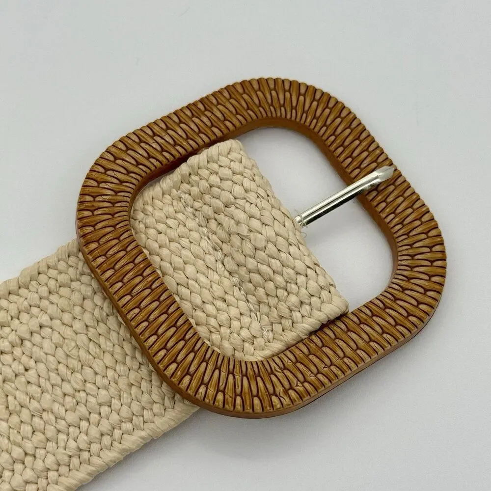 Straw Stretch Woven Belt Womens Natural -Rattan Buckle 48